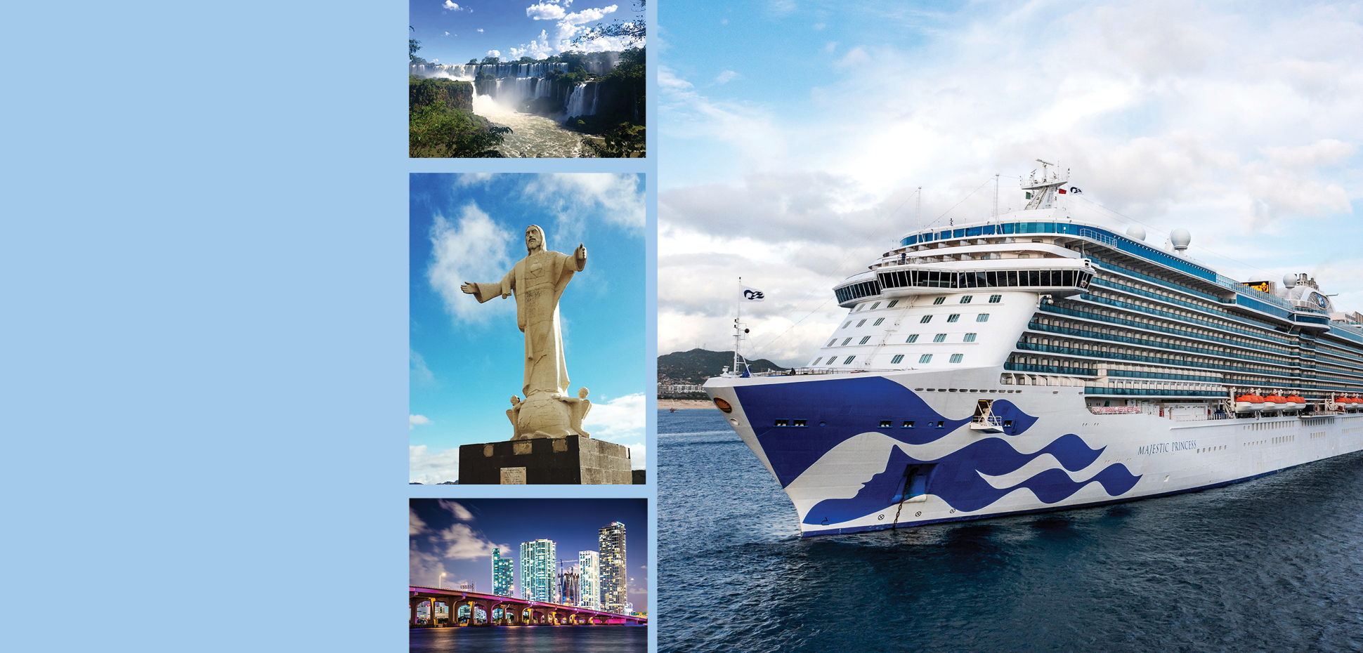 cruise ship on right side and a collage of falls and rio dejenero statue and new york at night